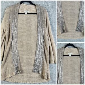 Coldwater Creek Cardigan Sweater Women M Linen Blend Open Front Tan Metallic